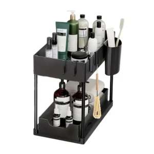 2-tier Sliding Cabinet Basket Storage Box with Hook, 1 Count Plastic Storage Under Bathroom/Kitchen Sink, Space Saving Storage Box